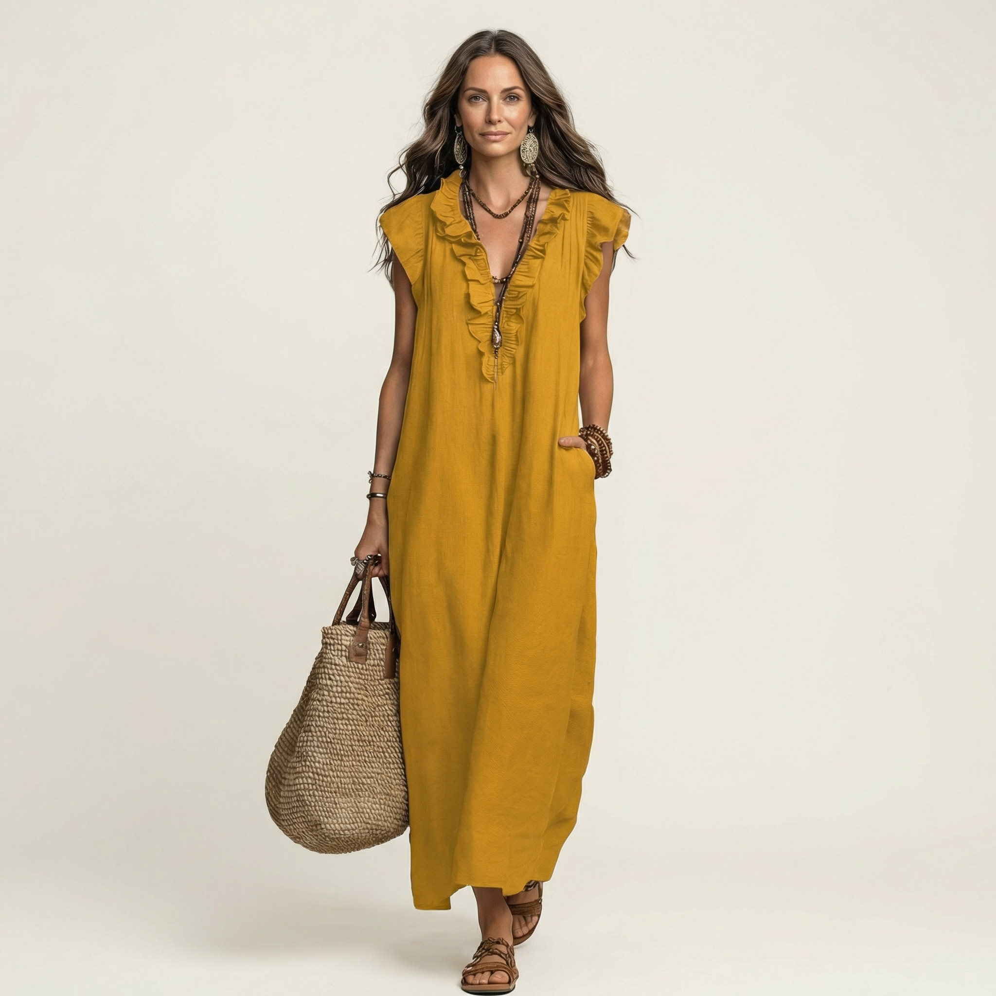 Ruffle V-Neck Maxi Dress with Side Pockets – Cotton Linen Blend – White – Relaxed Fit 11