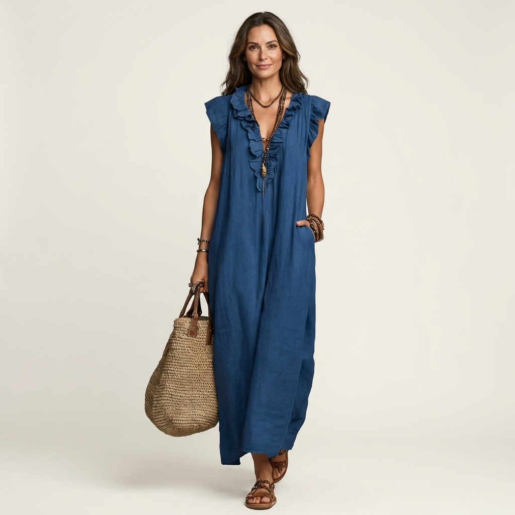 Ruffle V-Neck Maxi Dress with Side Pockets – Cotton Linen Blend – White – Relaxed Fit 6