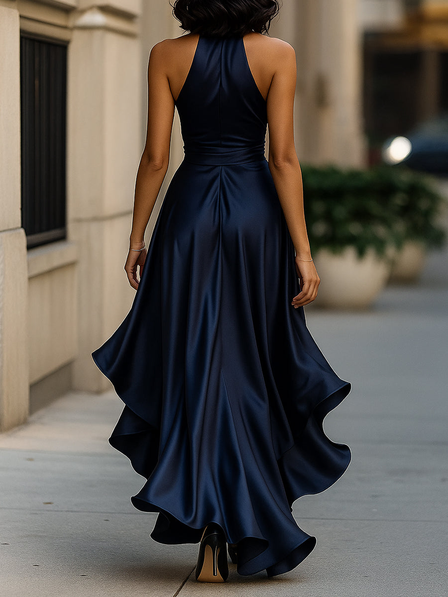 Satin Gown with High-Low Hem and Ruffles – Formal Wedding Guest Dress in Midnight Navy 1