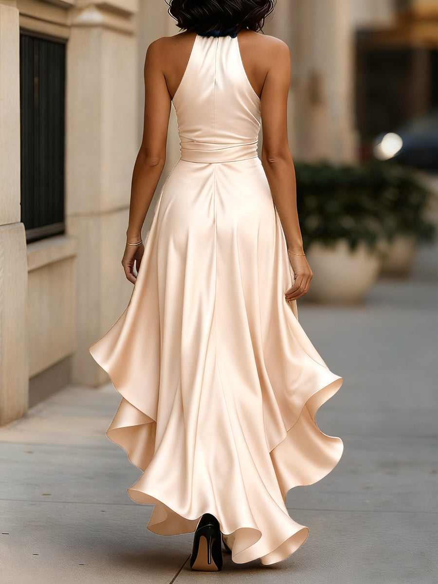 Satin Gown with High-Low Hem and Ruffles – Formal Wedding Guest Dress in Midnight Navy 5