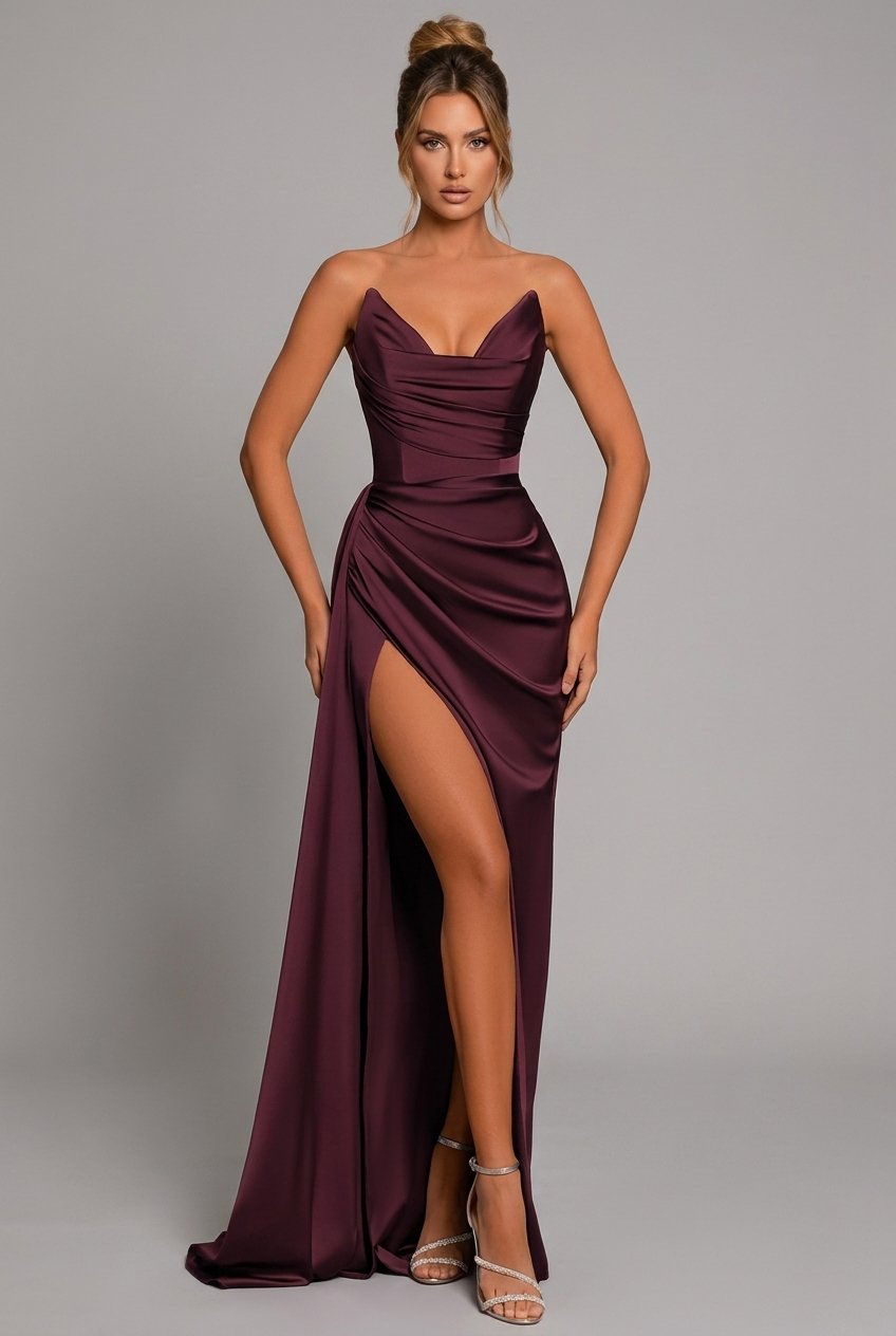 Elegant satin maxi dress featuring a ruched sweetheart neckline and a high split, perfect for formal occasions and evening events. 0