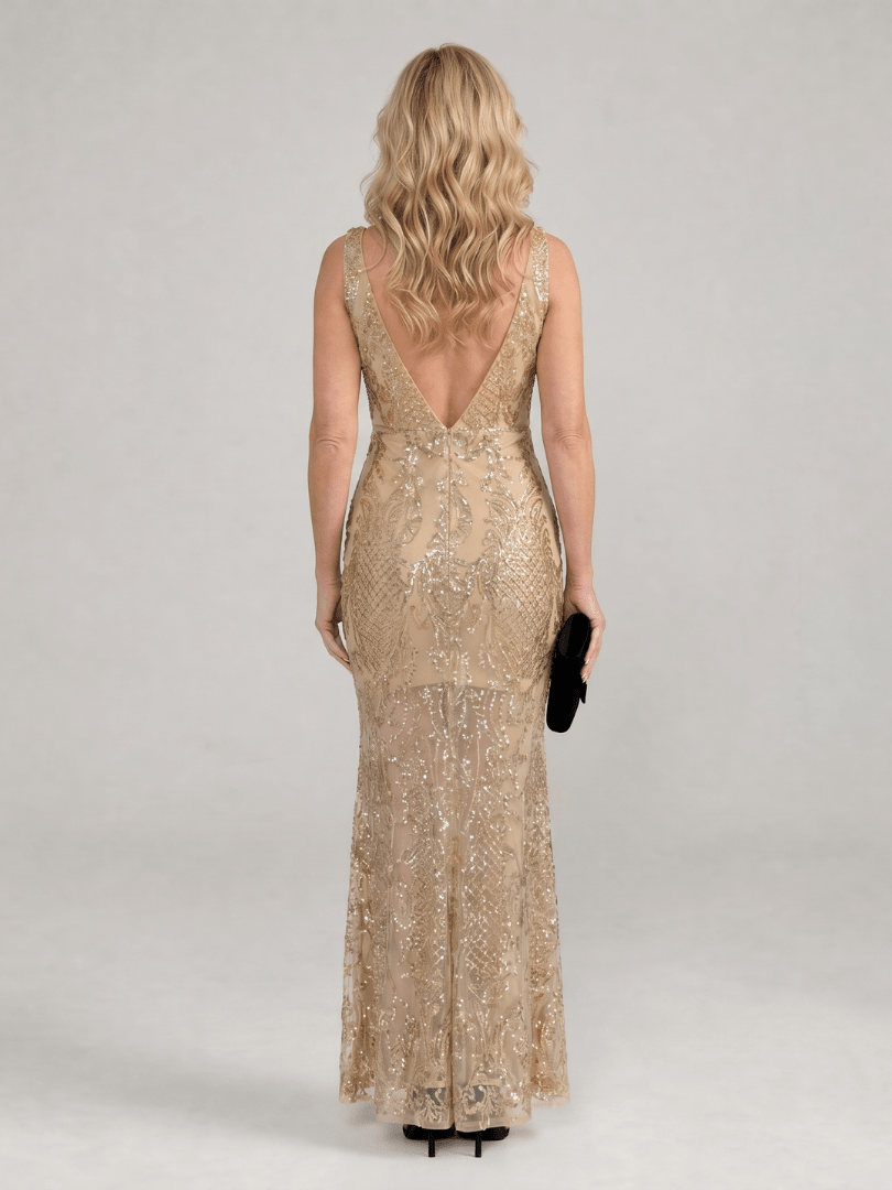 Sequin Midi Dress with Sheer Panels and V Neckline – Elegant Evening Wear in Lightweight Mesh 1
