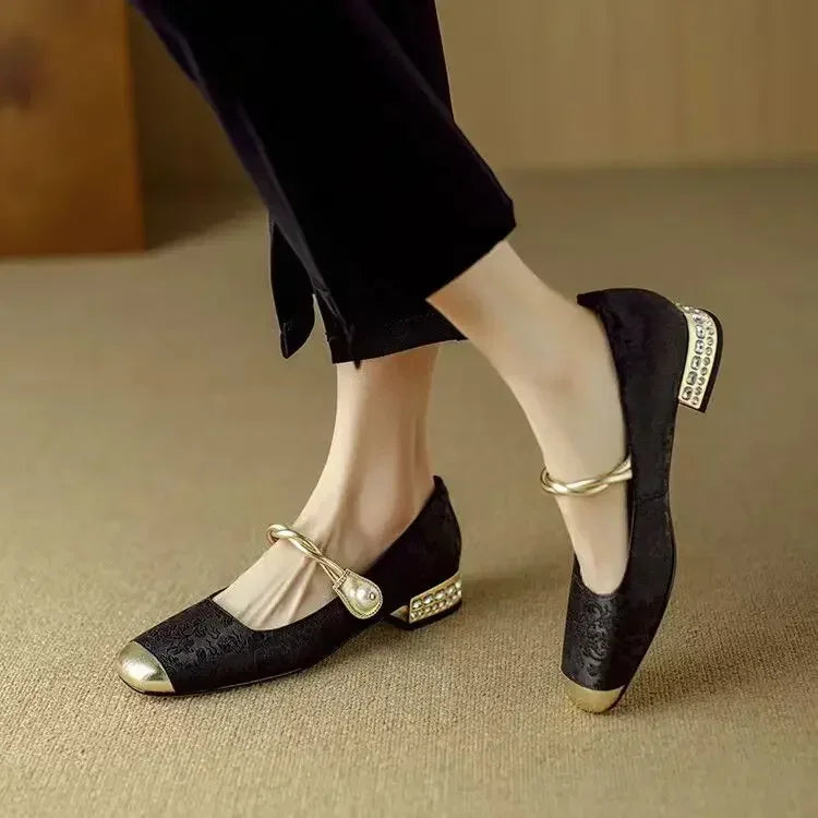 Silk-Like Evening Pumps with Pearl Strap and Embellished Square Heel – Elegant Formal Footwear 2