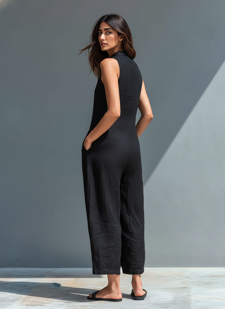 Sleeveless Jumpsuit with Mandarin Collar – Lightweight Fabric for Elegant Style 1