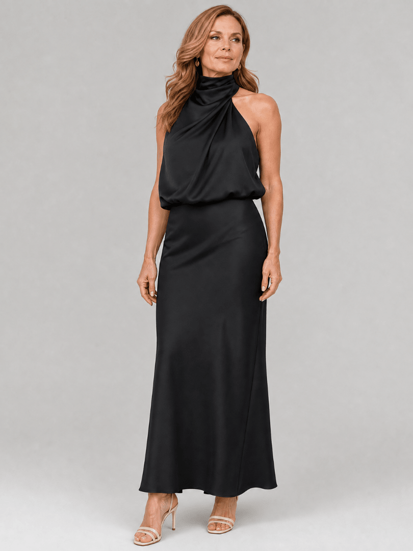 Sleeveless Midi Dress with Draped Neckline and Gathered Waist – Elegant Day-to-Night Wear in Smooth Fabric 5