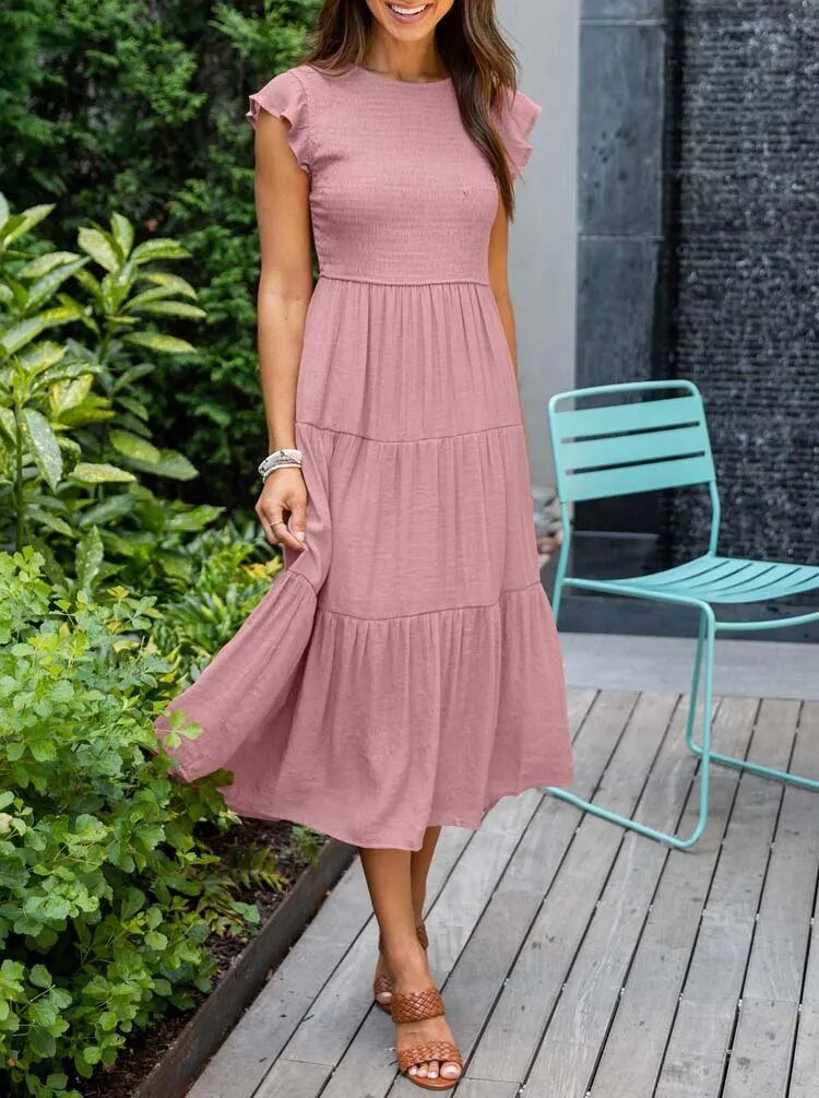 Elegant tiered maxi dress featuring tummy control and cap sleeves, designed for a flattering A-line silhouette, perfect for any occasion. 10