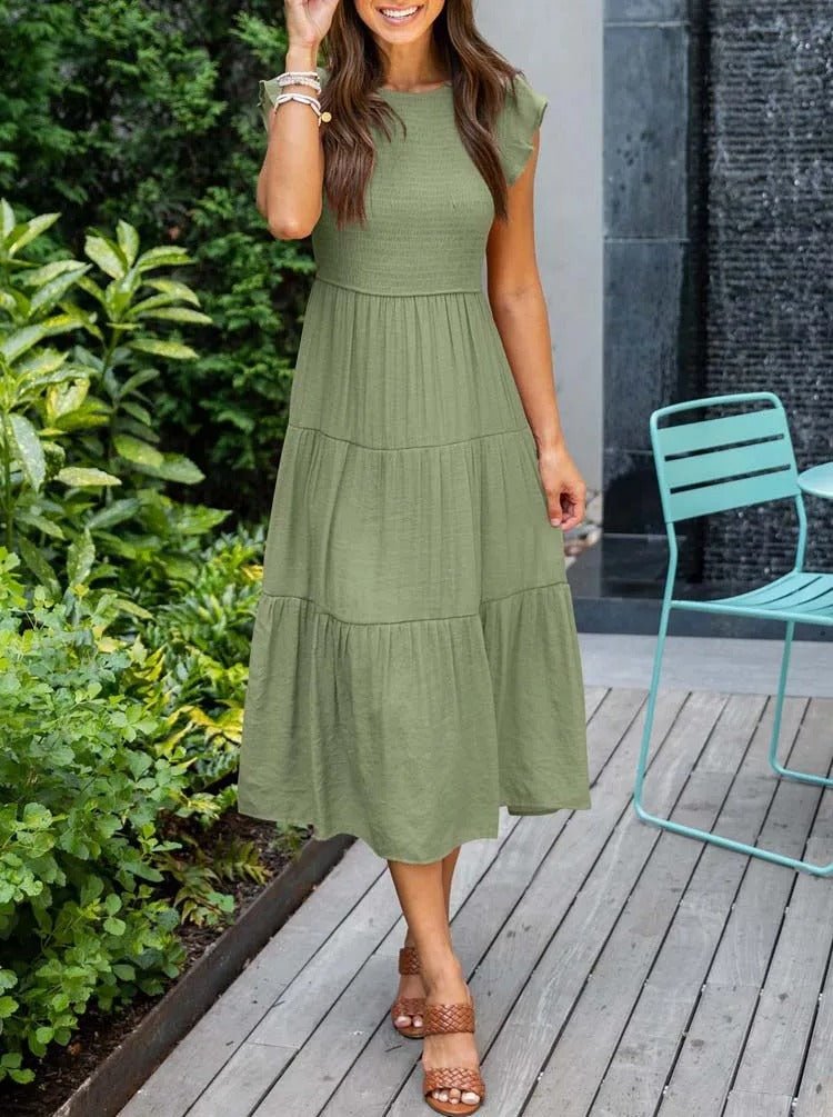 Elegant tiered maxi dress featuring tummy control and cap sleeves, designed for a flattering A-line silhouette, perfect for any occasion. 6