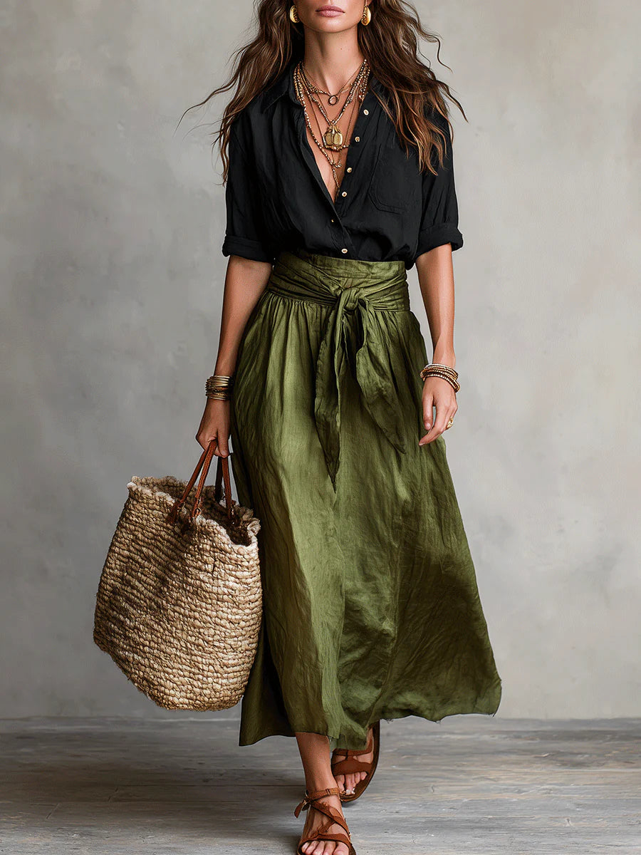 Two-Piece Women's Outfit Set with Black Button Shirt and Olive Green Midi Skirt – Plus Size Clothing Available 0