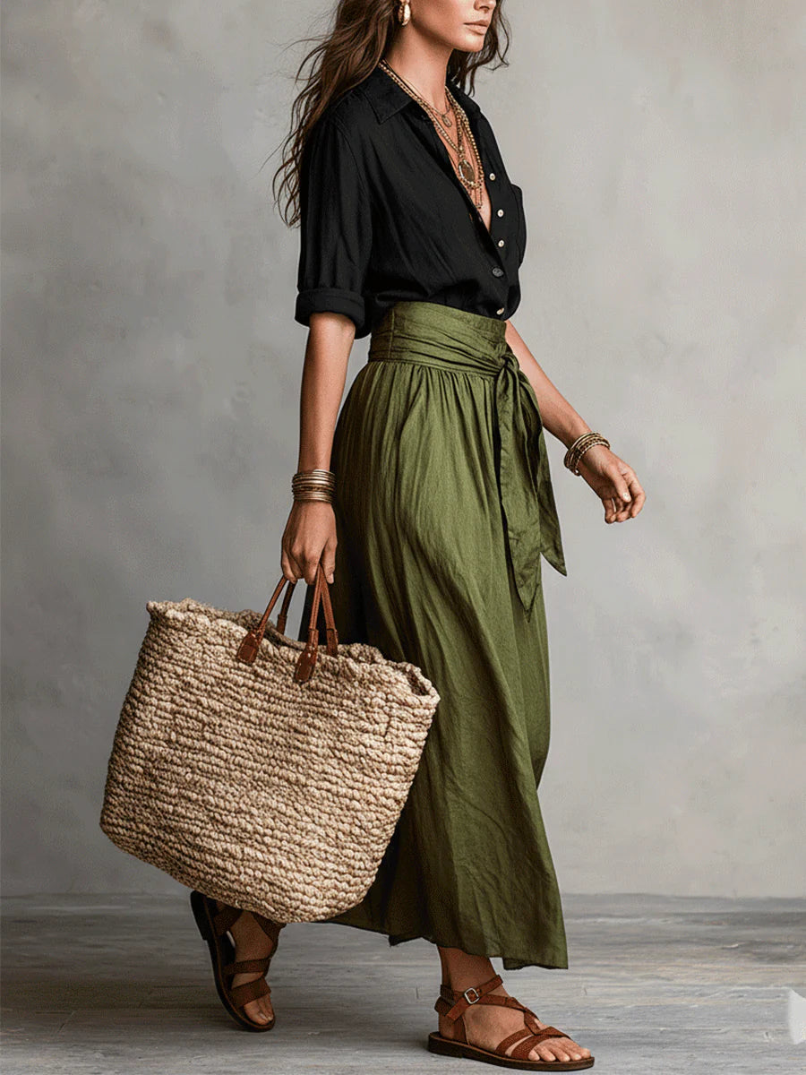 Two-Piece Women's Outfit Set with Black Button Shirt and Olive Green Midi Skirt – Plus Size Clothing Available 1