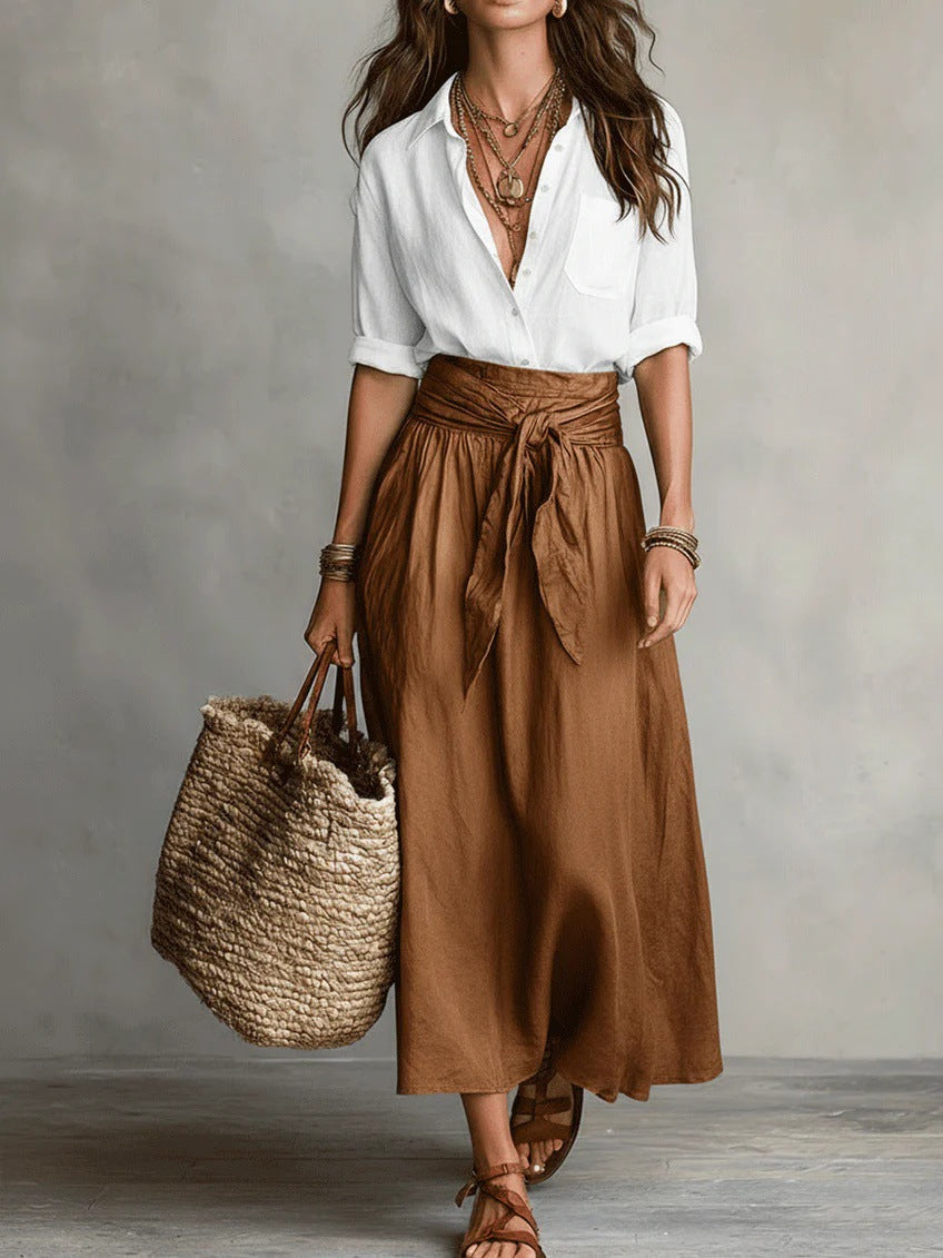 Two-Piece Women's Outfit Set with Black Button Shirt and Olive Green Midi Skirt – Plus Size Clothing Available 3