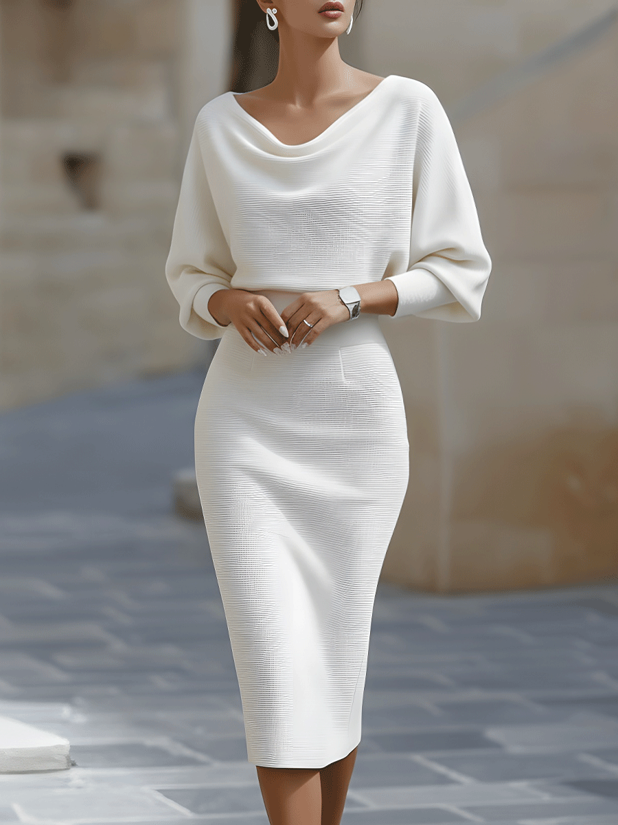 White Midi Dress with Draped Cowl Neckline and Batwing Sleeves – Elegant Long Sleeve Design 1