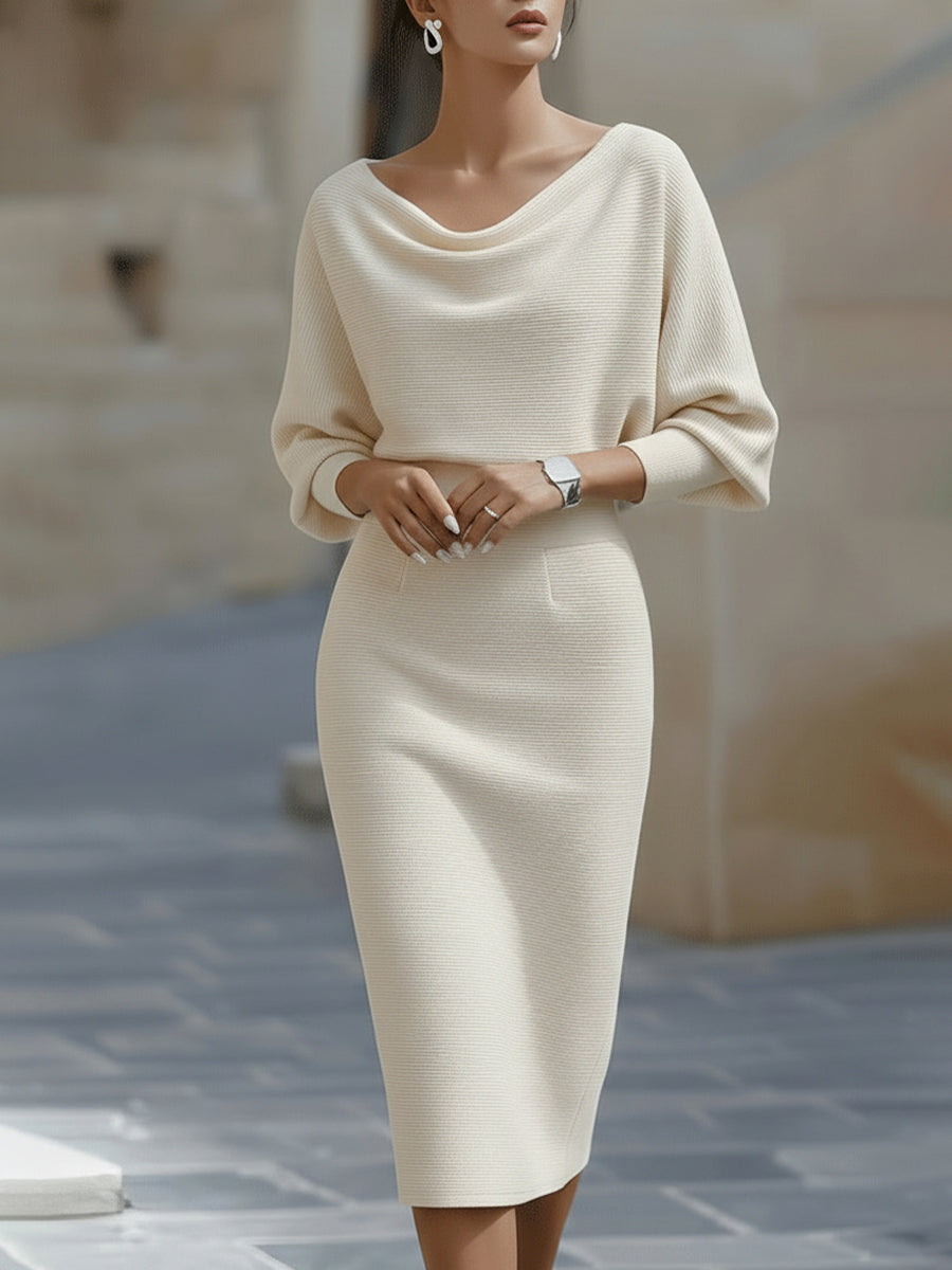 White Midi Dress with Draped Cowl Neckline and Batwing Sleeves – Elegant Long Sleeve Design 2