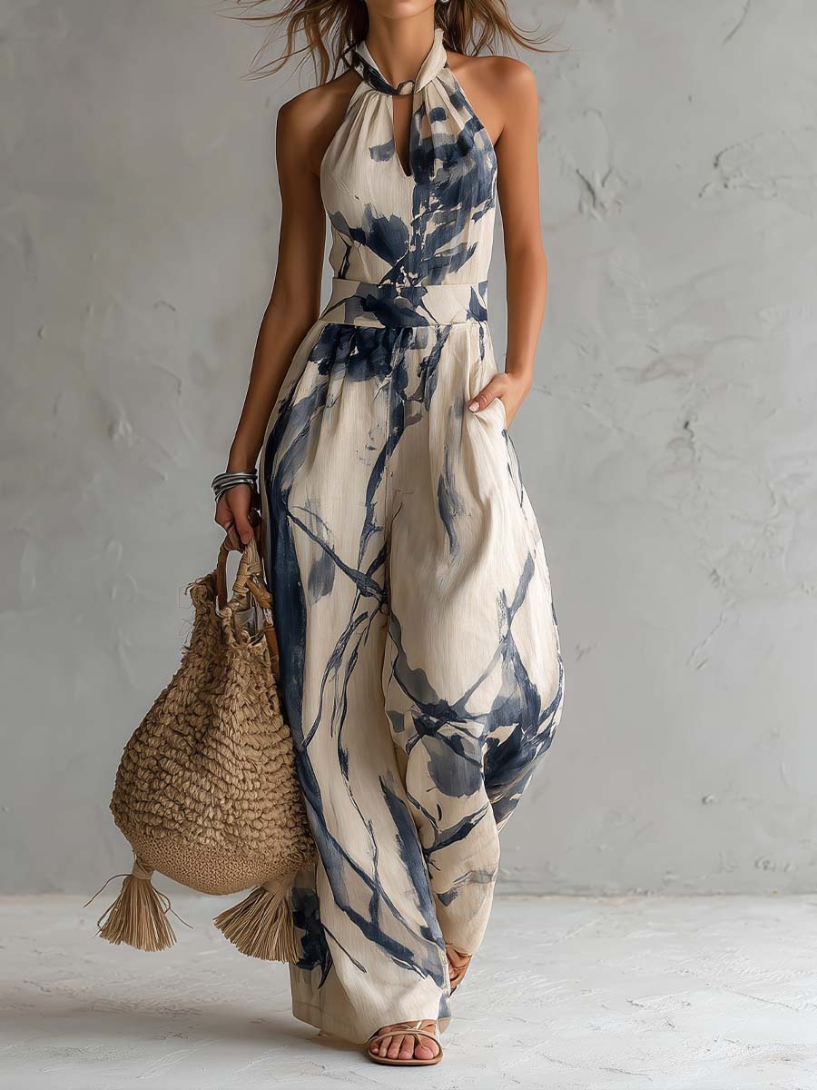 Wide-Leg Jumpsuit for Women with Halter Neckline and Side Pockets – Bohemian Ink Wash Print 0