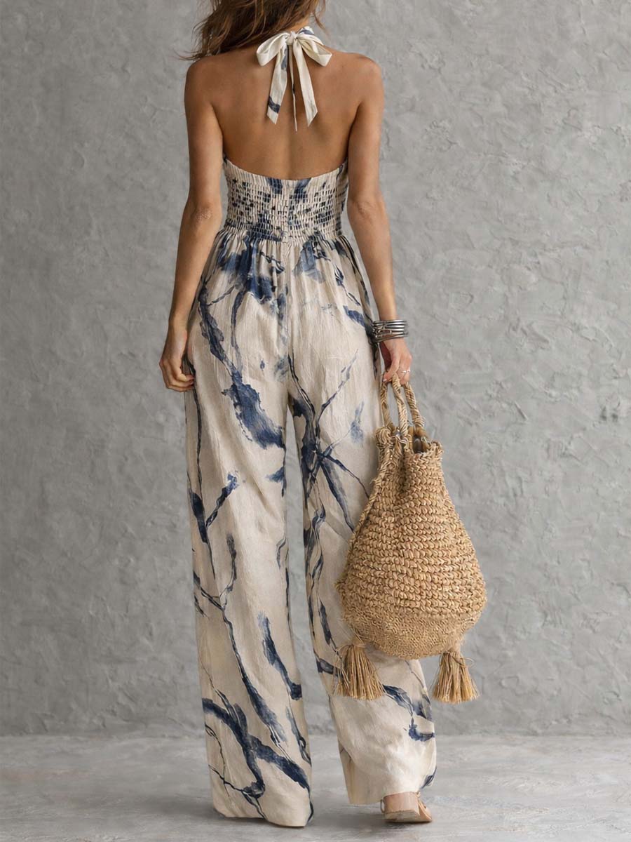 Wide-Leg Jumpsuit for Women with Halter Neckline and Side Pockets – Bohemian Ink Wash Print 2