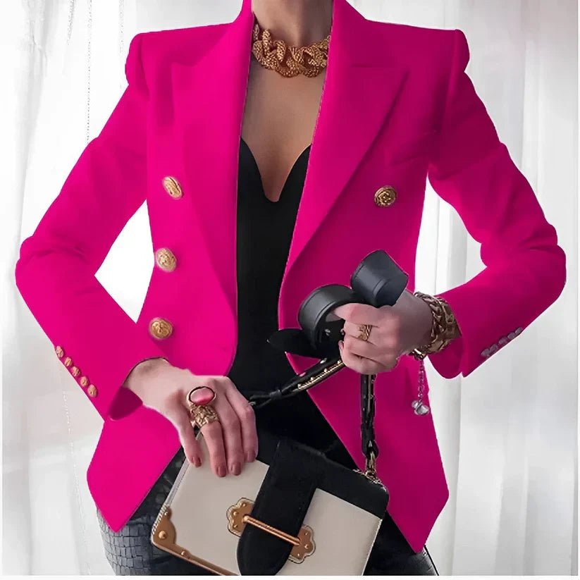 Women's double-breasted black blazer with structured fit, featuring stylish gold buttons, designed for a flattering silhouette, available in plus sizes. 5