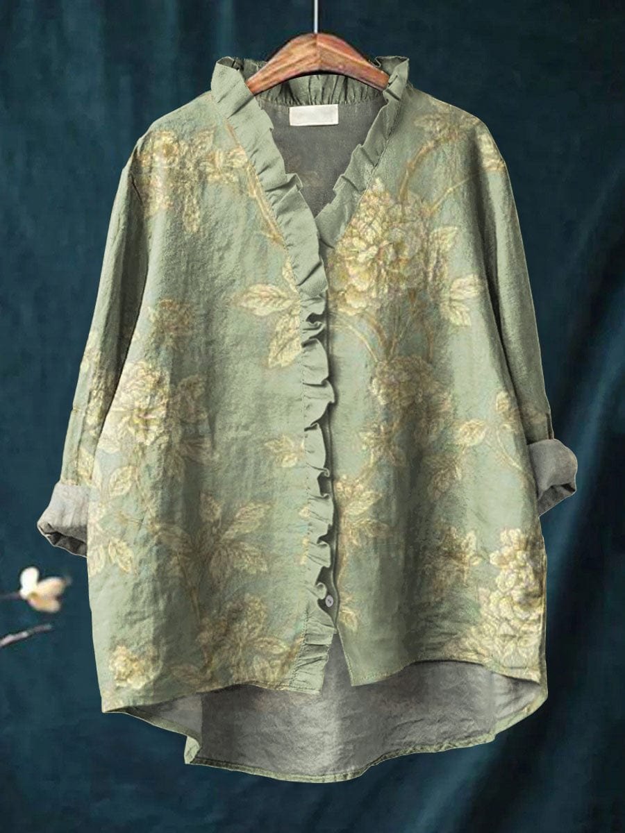 Women's blouse featuring a ruffle neckline, designed with a vintage floral print, crafted from a breathable linen-cotton blend, perfect for summer wear. 0