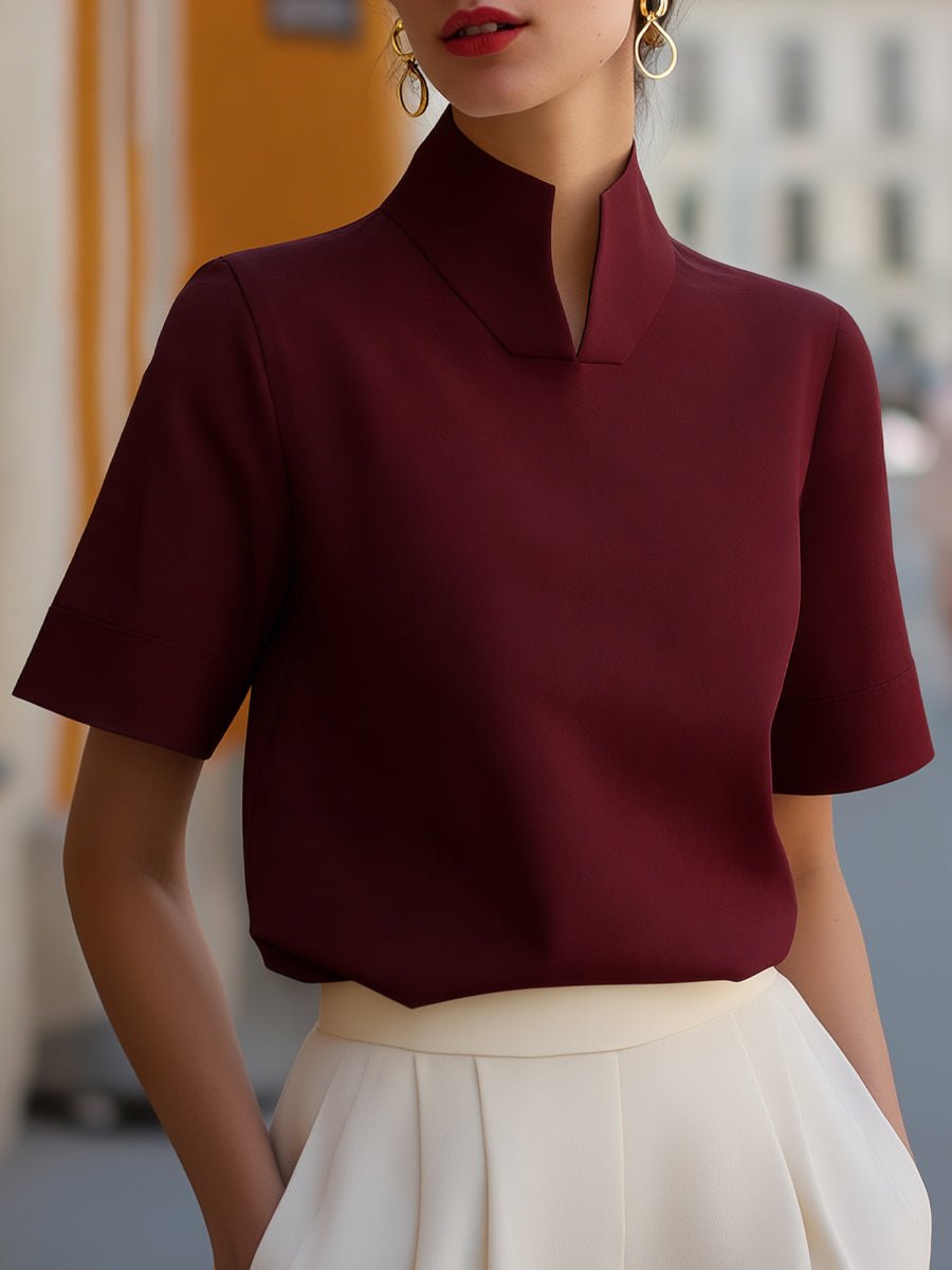 Women's Business Blouse with Stand-Up Collar and Short Sleeves – Elegant and Modern Design 4