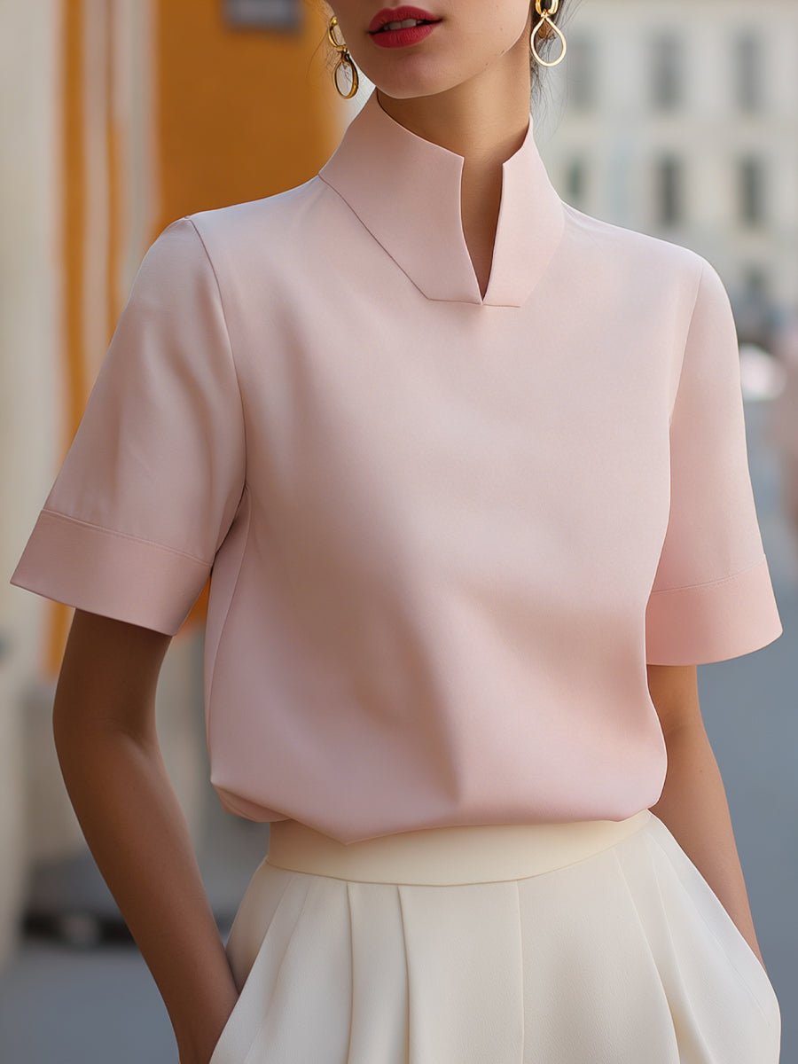 Women's Business Blouse with Stand-Up Collar and Short Sleeves – Elegant and Modern Design 5