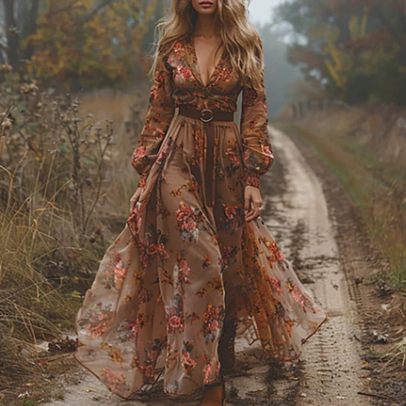 Women's Floral Maxi Dress with Long Sleeves – Elegant Bohemian Summer Style, Plus Size Available 3