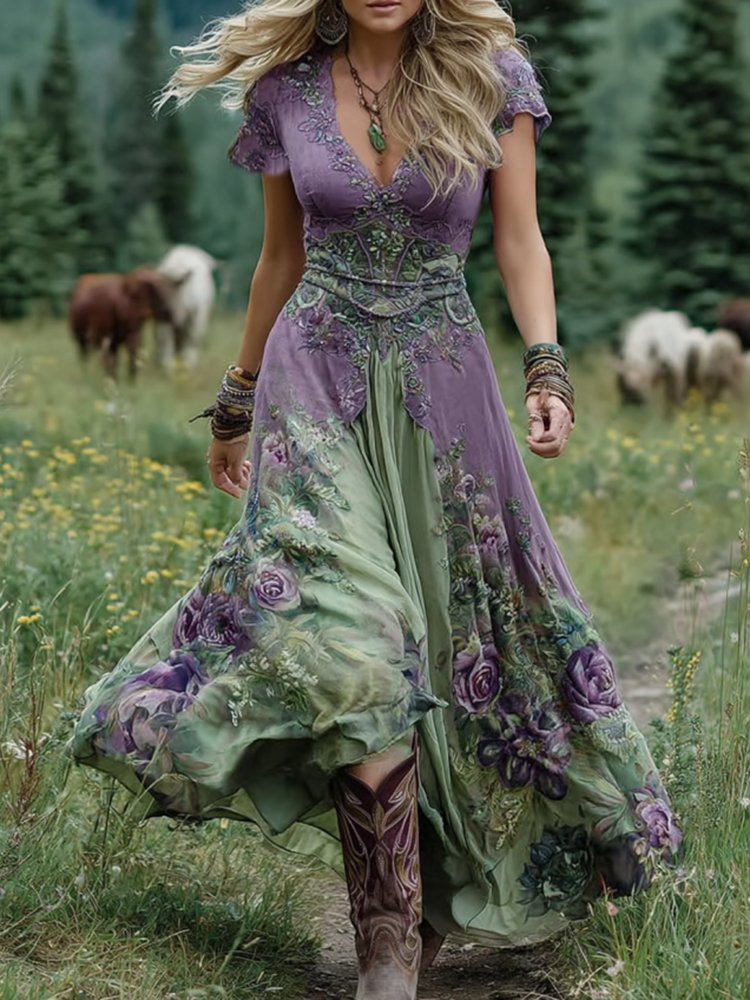 Women's floral maxi dress featuring a v-neck and short sleeves, designed with an elegant purple and blue print, perfect for summer events. 1