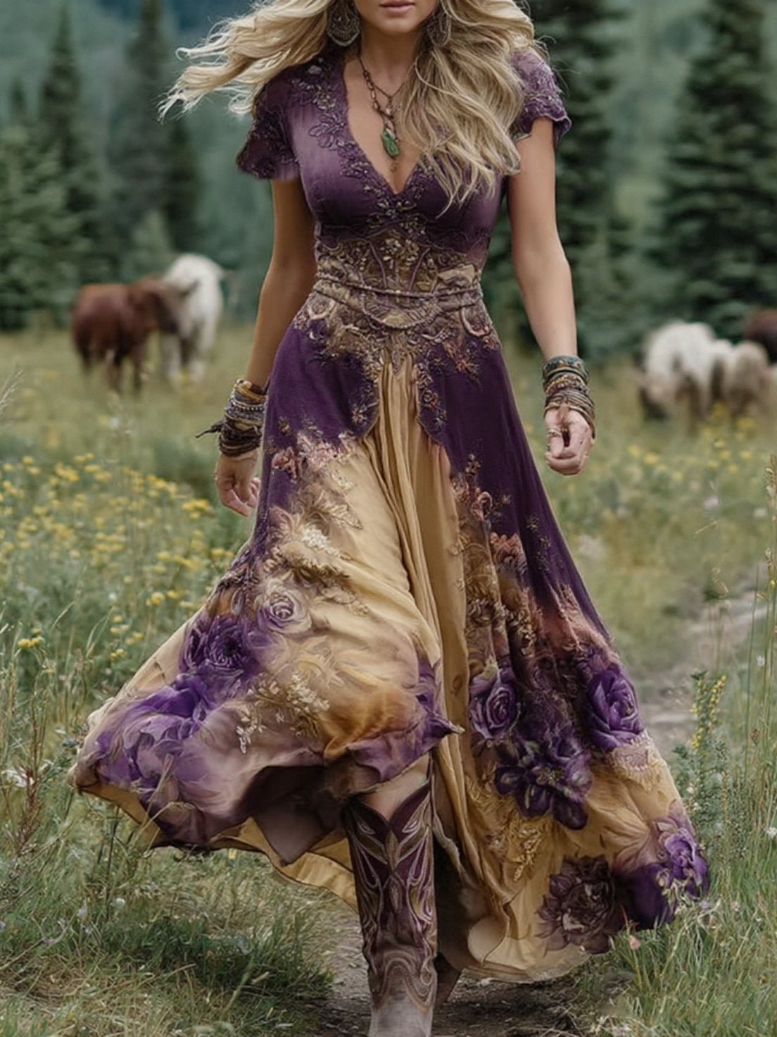 Women's floral maxi dress featuring a v-neck and short sleeves, designed with an elegant purple and blue print, perfect for summer events. 3