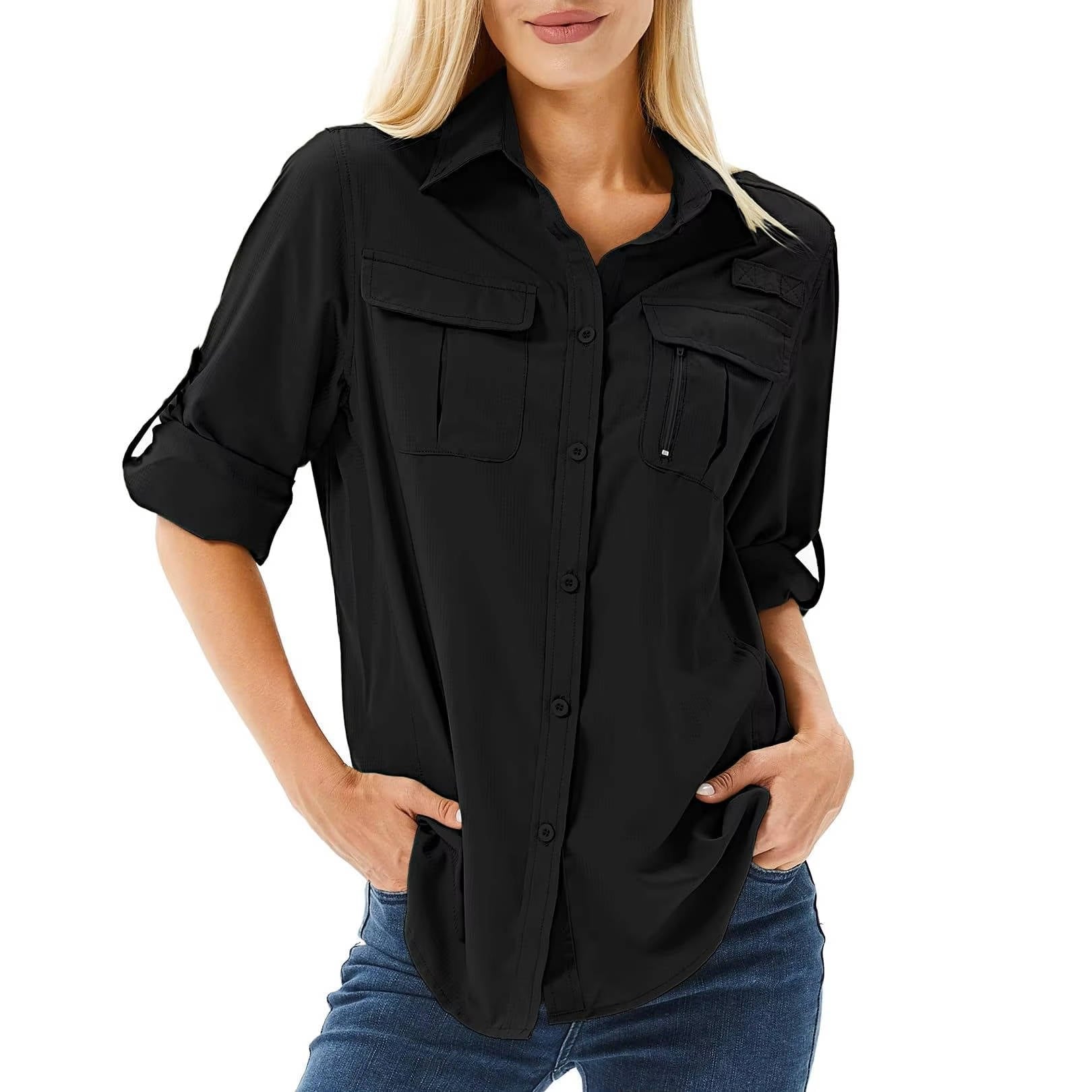 Women's hiking shirt featuring UPF 50 sun protection, breathable fabric, and roll-up sleeves, ideal for safari trekking and outdoor adventures. 3