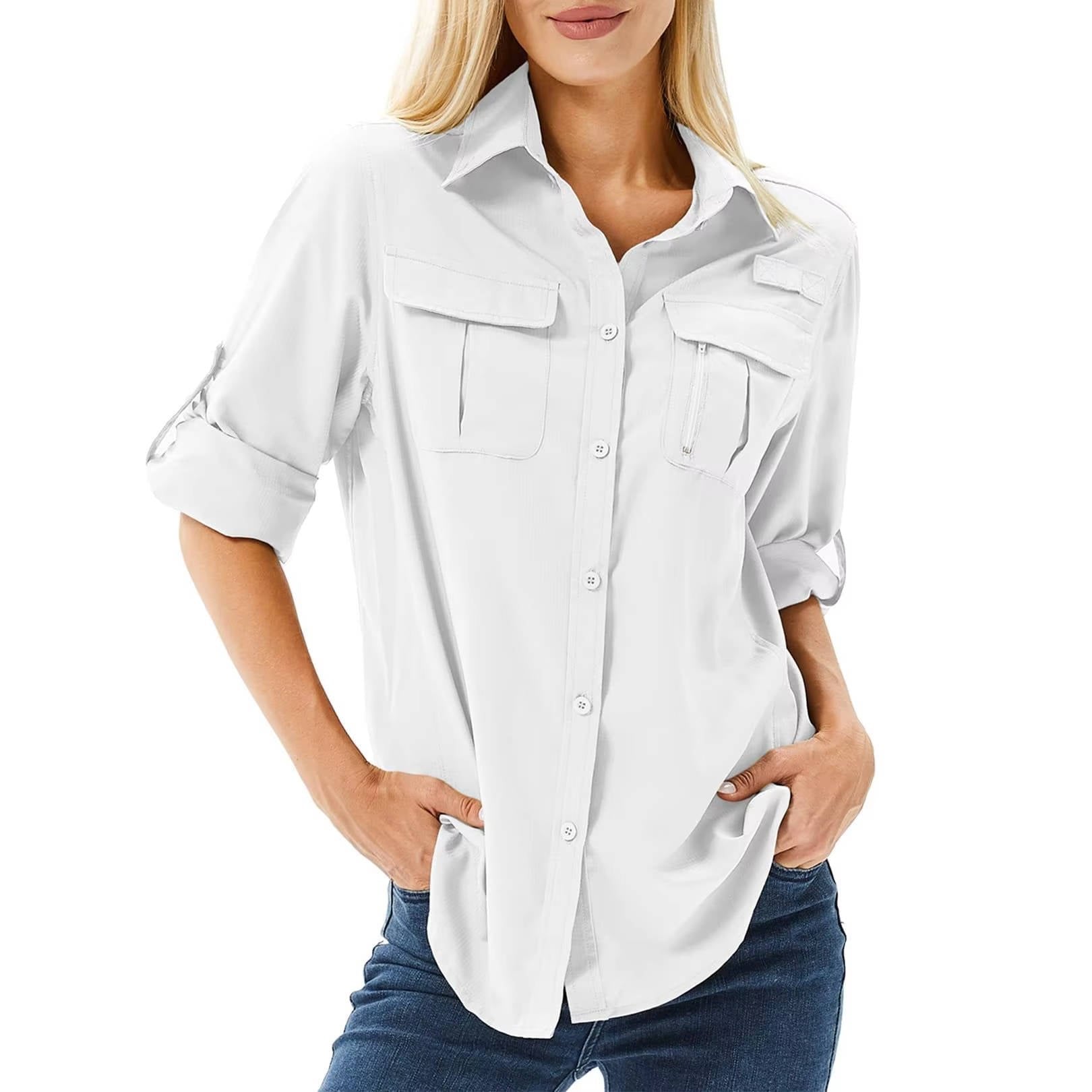 Women's hiking shirt featuring UPF 50 sun protection, breathable fabric, and roll-up sleeves, ideal for safari trekking and outdoor adventures. 4