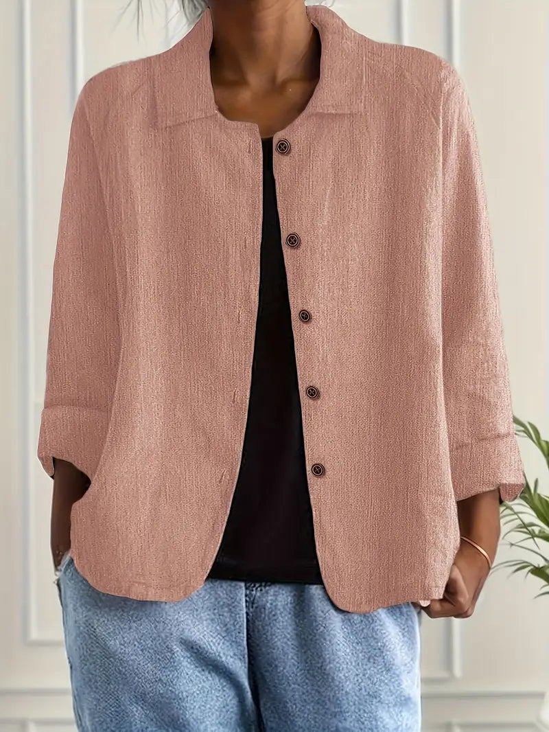 Women's lightweight button front jacket designed for casual summer wear, featuring a comfortable loose fit and minimalist style in soft, breathable fabric. 1