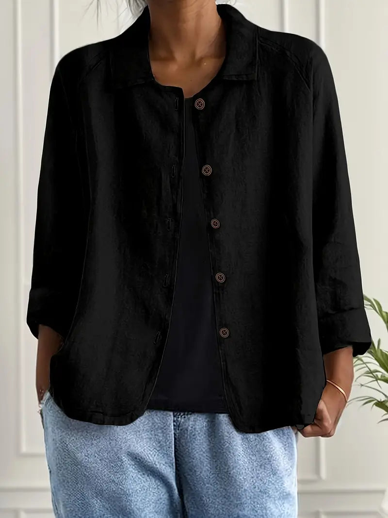 Women's lightweight button front jacket designed for casual summer wear, featuring a comfortable loose fit and minimalist style in soft, breathable fabric. 5