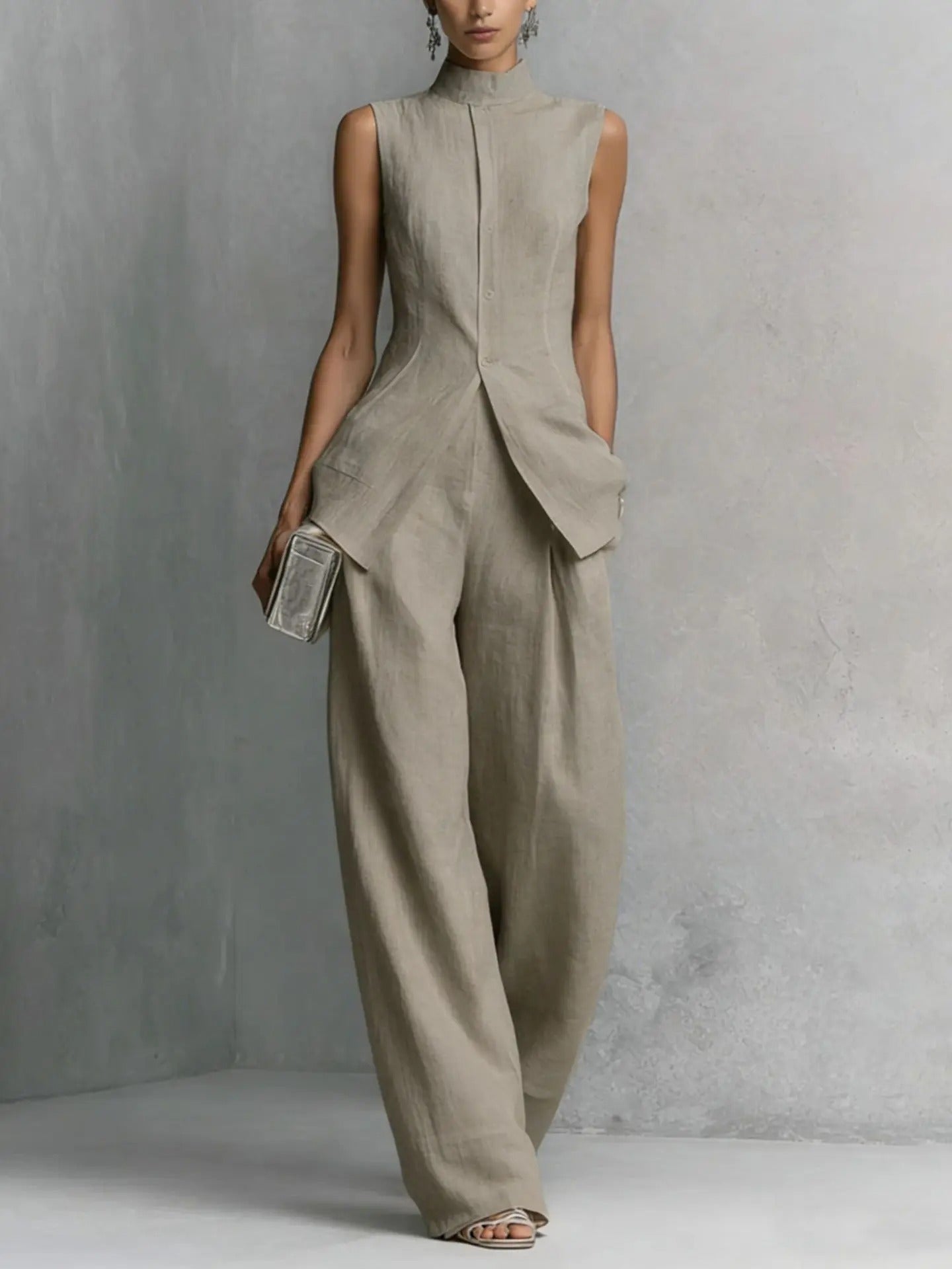 Women's Linen Two-Piece Set with Stand-Up Collar Top and Wide-Leg Trousers – Breathable Cotton-Linen Blend 3