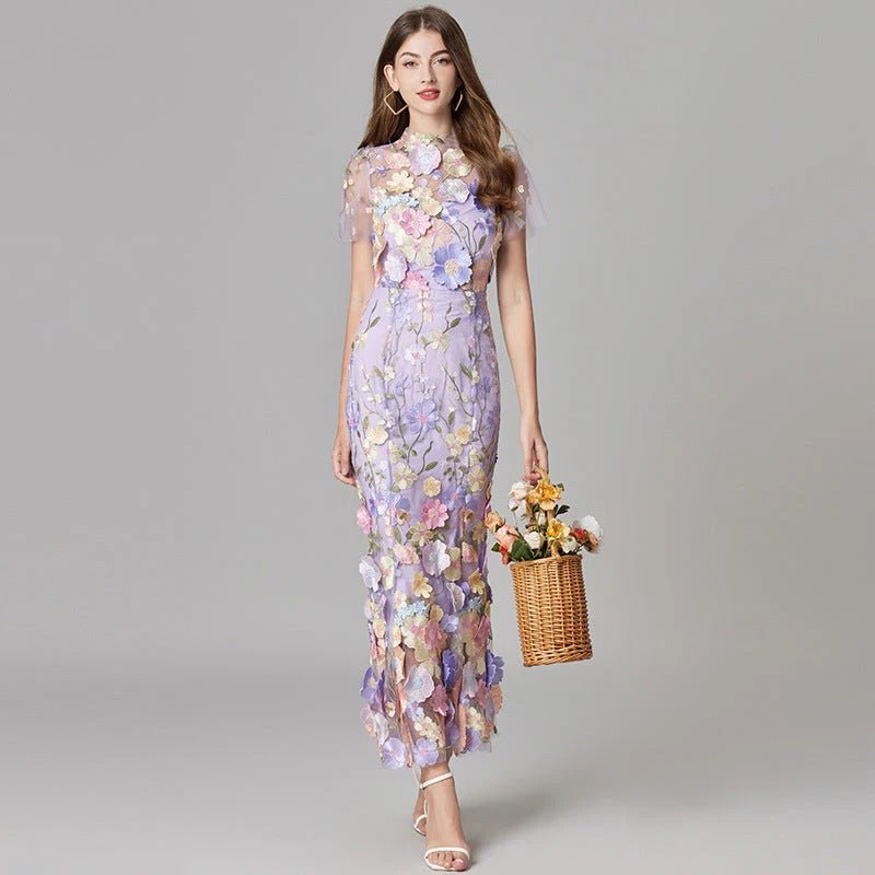 Elegant women's maxi dress featuring 3D floral appliques, sleeveless design, and a floor-length silhouette in vibrant yellow and white colors. 2