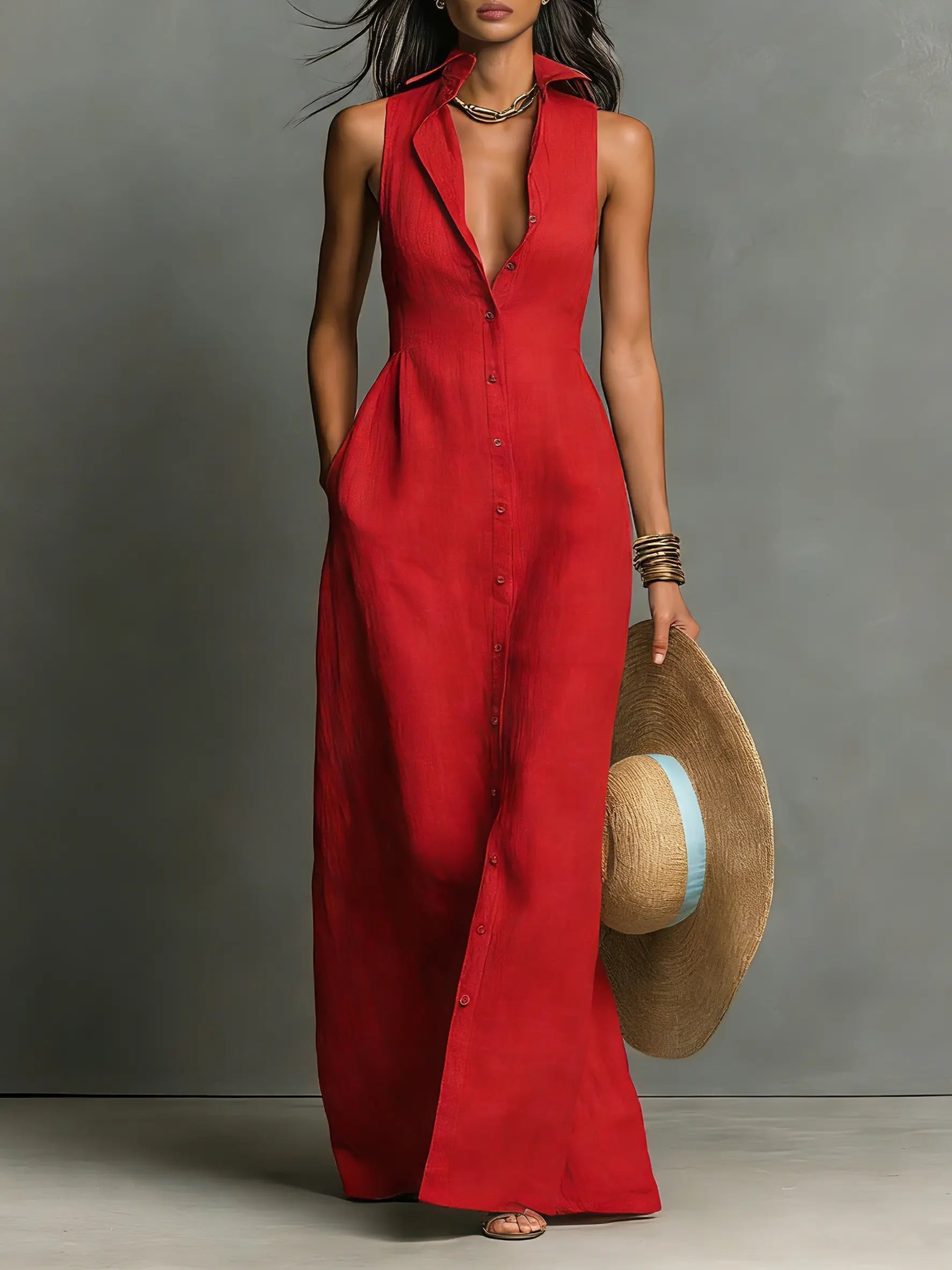Women's Maxi Dress with Collared Button-Front – Breathable Linen Blend for Summer Elegance 0