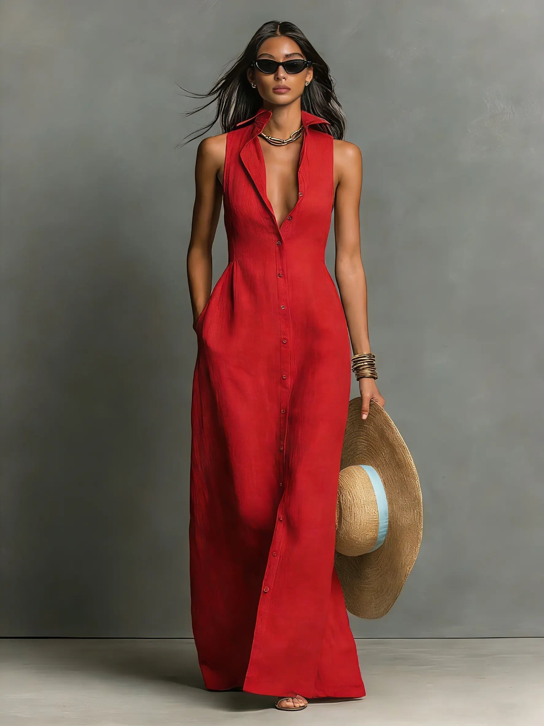 Women's Maxi Dress with Collared Button-Front – Breathable Linen Blend for Summer Elegance 6