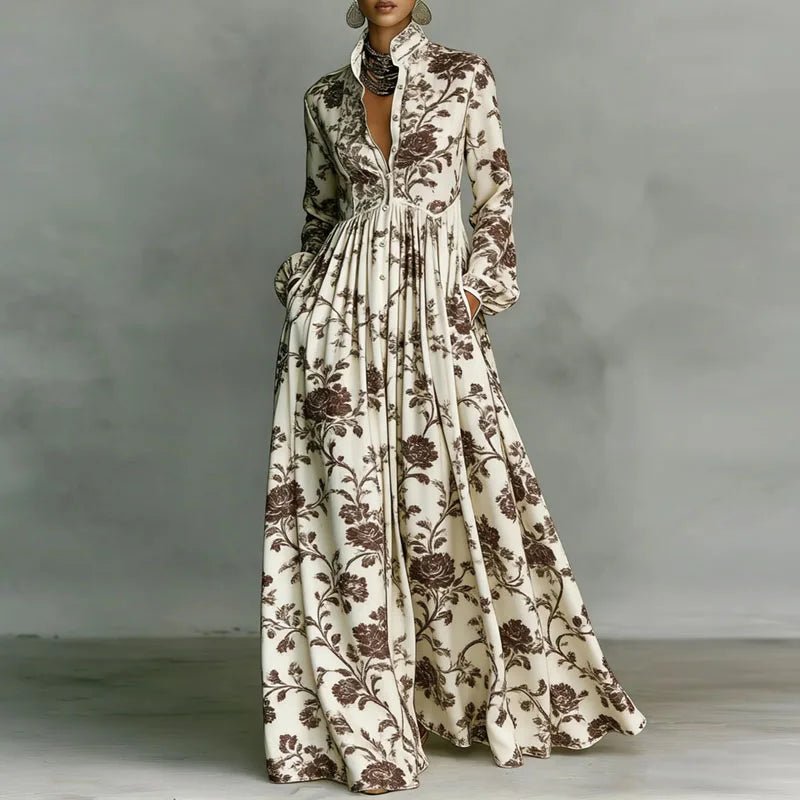 Women's maxi dress featuring long sleeves and a stylish geometric print, designed with a high-waist button-front and convenient pockets for a chic and comfortable look. 2