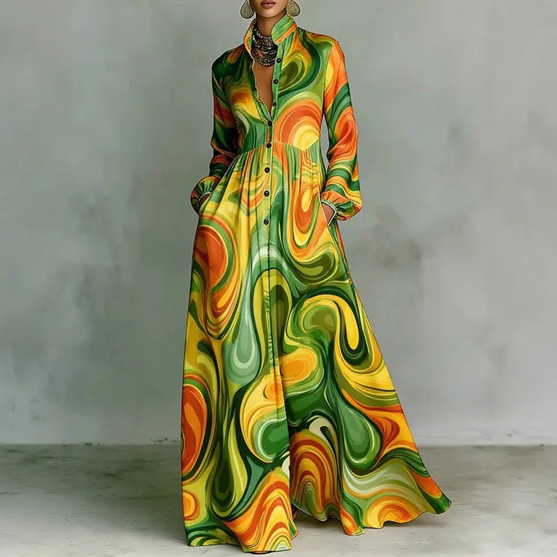 Women's maxi dress featuring long sleeves and a stylish geometric print, designed with a high-waist button-front and convenient pockets for a chic and comfortable look. 3