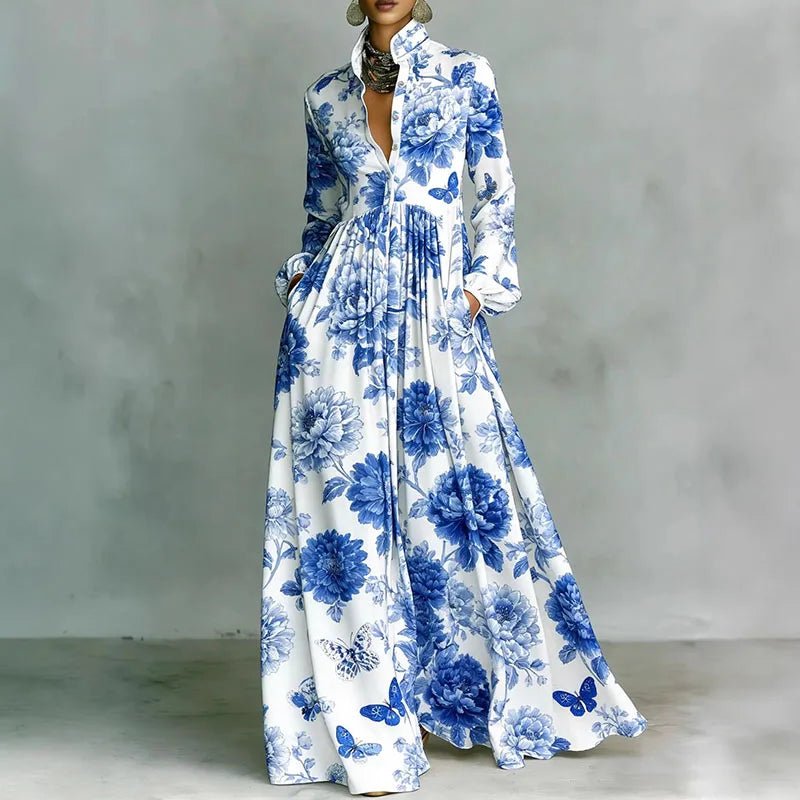 Women's maxi dress featuring long sleeves and a stylish geometric print, designed with a high-waist button-front and convenient pockets for a chic and comfortable look. 4