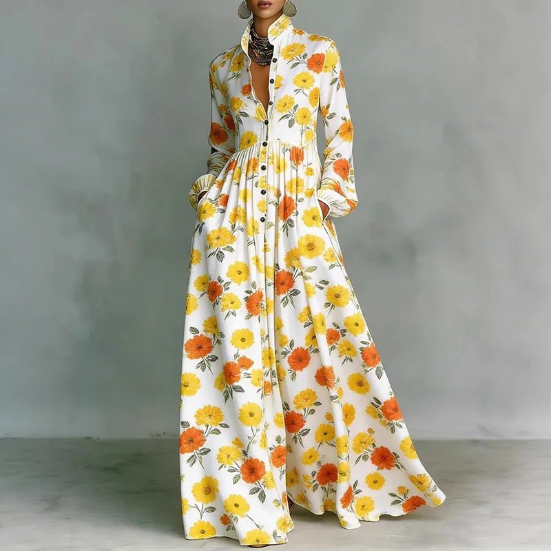 Women's maxi dress featuring long sleeves and a stylish geometric print, designed with a high-waist button-front and convenient pockets for a chic and comfortable look. 7