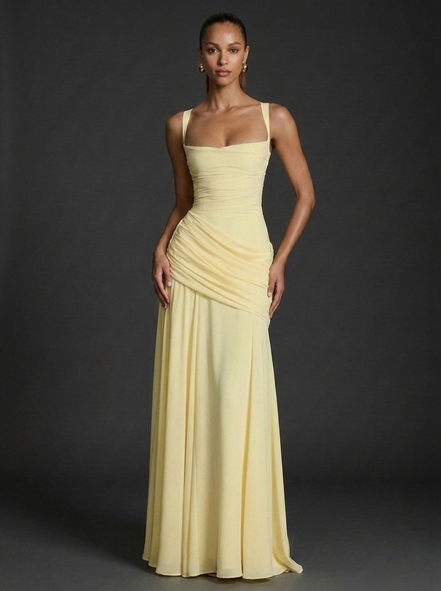 Women's Maxi Dress with Square Neckline and Ruched Bodice – Elegant Formal Dress for Weddings and Special Occasions 0
