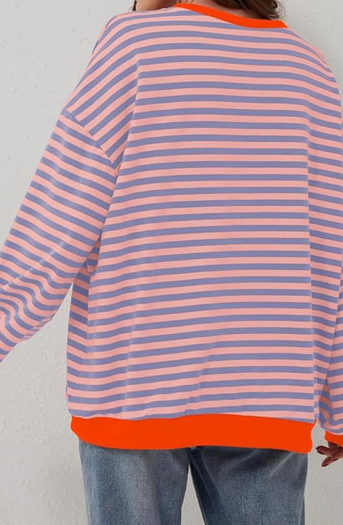 Women's oversized sweatshirt featuring neon contrast trim, striped drop-shoulder design, and made from lightweight knit fabric, perfect for casual and comfortable wear. 5