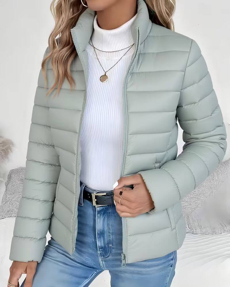 Women's Puffer Jacket with Stand Collar – Lightweight Quilted Hip-Length Coat for Winter Style 0