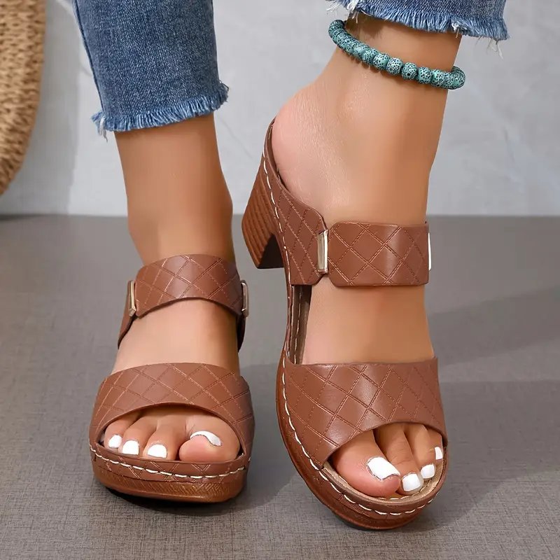 Women's brown sandals featuring a cushioned footbed and stylish block heel, crafted from woven synthetic leather for comfort and durability. 2