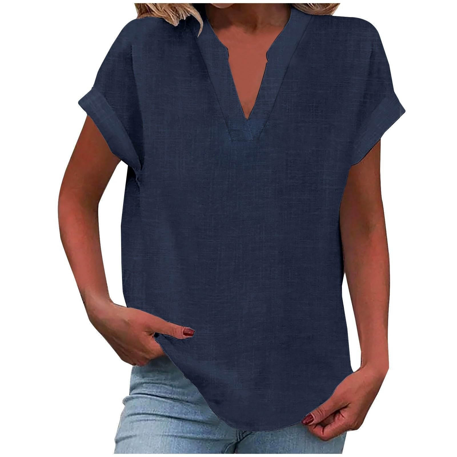 Women's V-Neck Blouse in white, featuring a relaxed fit and short sleeves, designed for plus size women, perfect for summer styling. 11