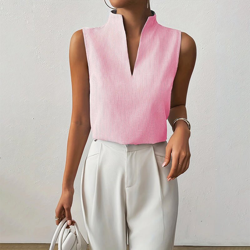 Womens blouse with stand collar and V-neck, featuring a sleeveless design and stylish striped pattern, made from a comfortable cotton blend, perfect for summer 3