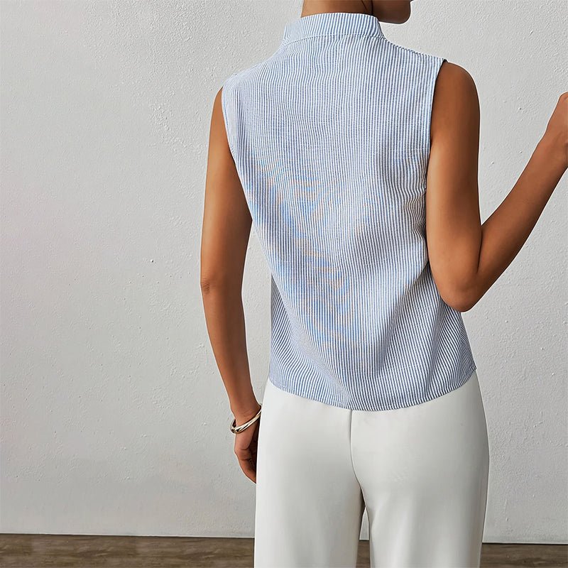 Womens blouse with stand collar and V-neck, featuring a sleeveless design and stylish striped pattern, made from a comfortable cotton blend, perfect for summer 5
