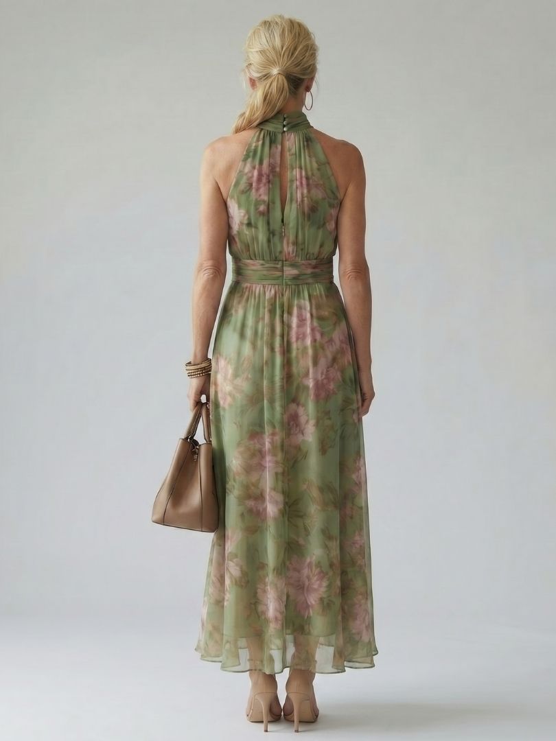 Womens Dress Halter Midi with Gathered Bodice - Floral Lightweight Sleeveless Summer Dress 1
