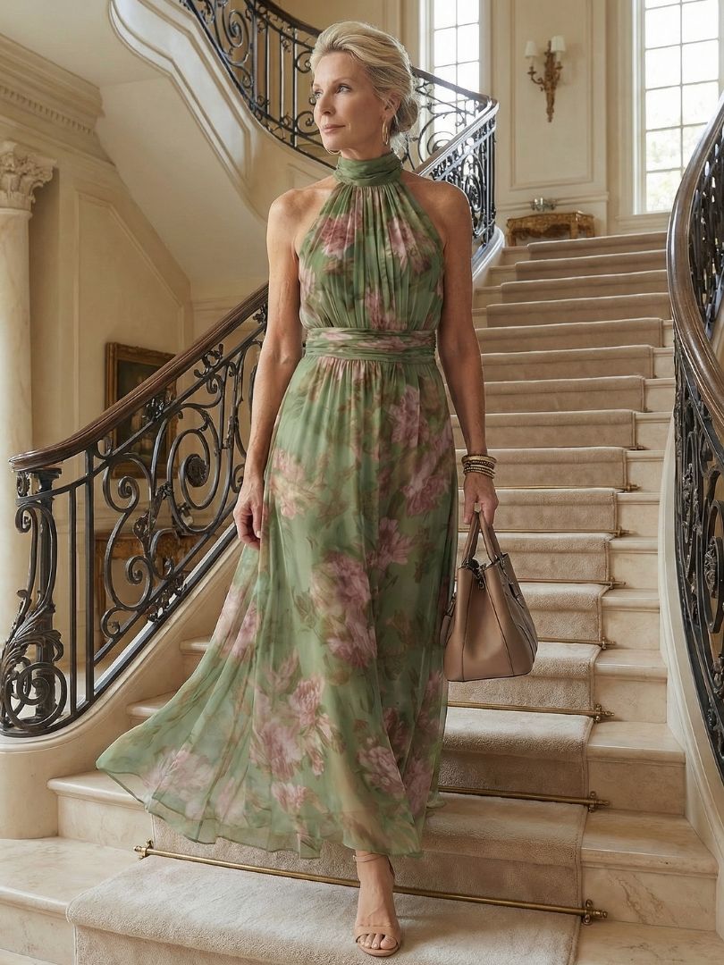 Womens Dress Halter Midi with Gathered Bodice - Floral Lightweight Sleeveless Summer Dress 2