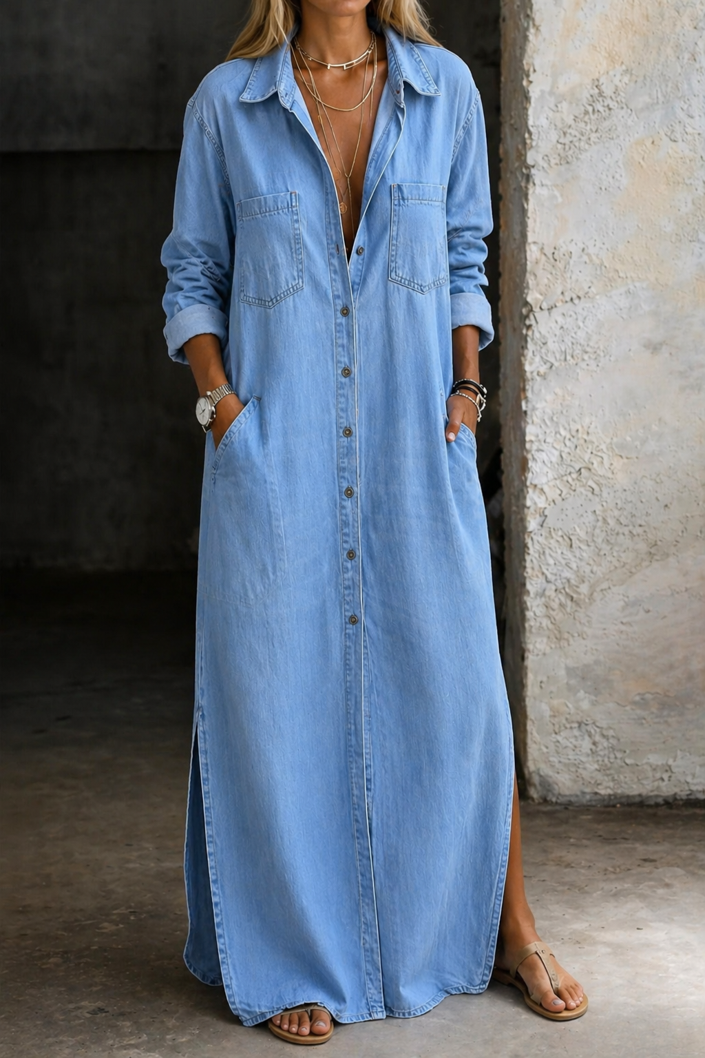 Womens Dress with Relaxed Fit and Button Down Front – Casual Knee-Length Summer Dress in Cotton Blend 0