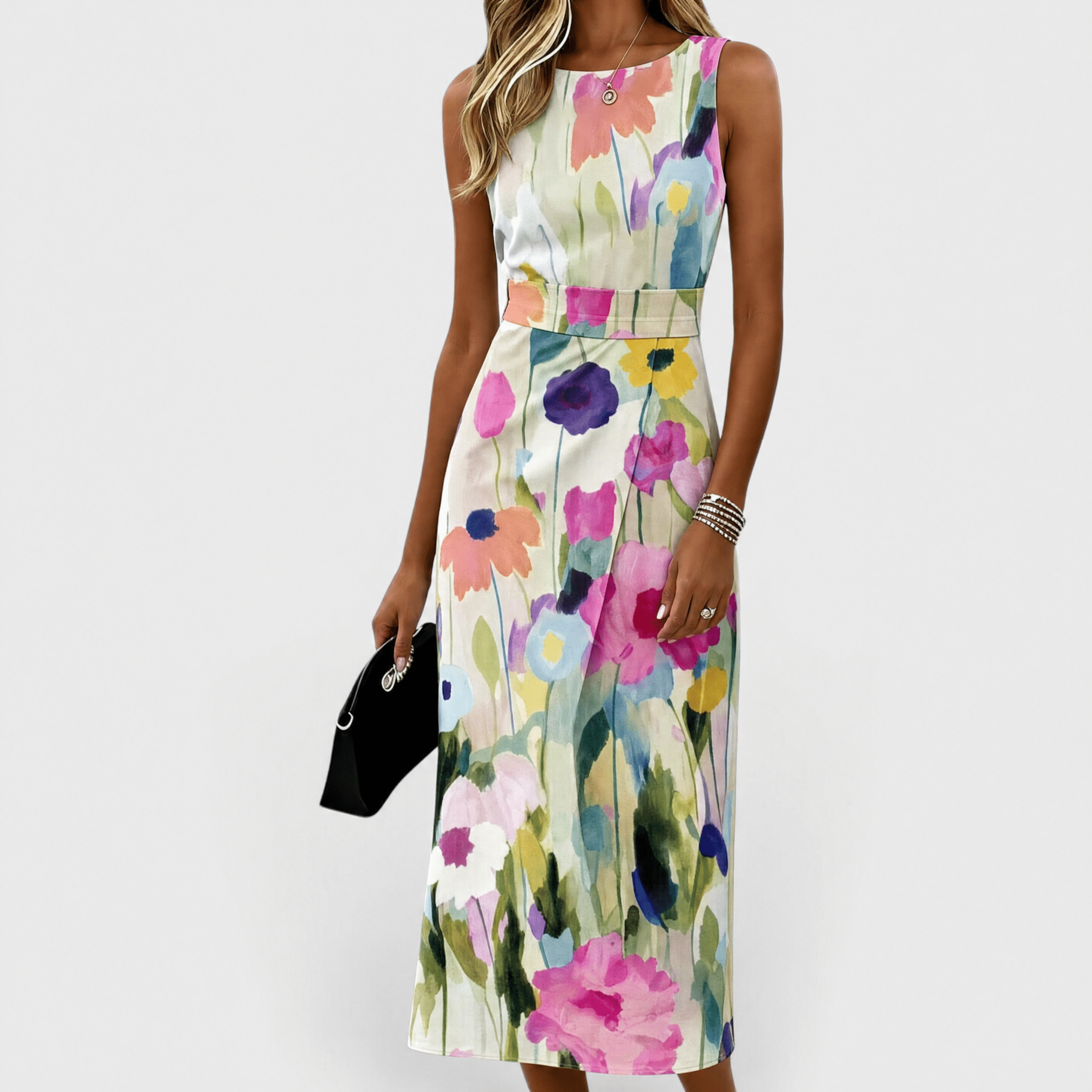 Womens Floral Midi Dress with A-Line Silhouette and Waist Belt – Vibrant Watercolor Print for Summer 0