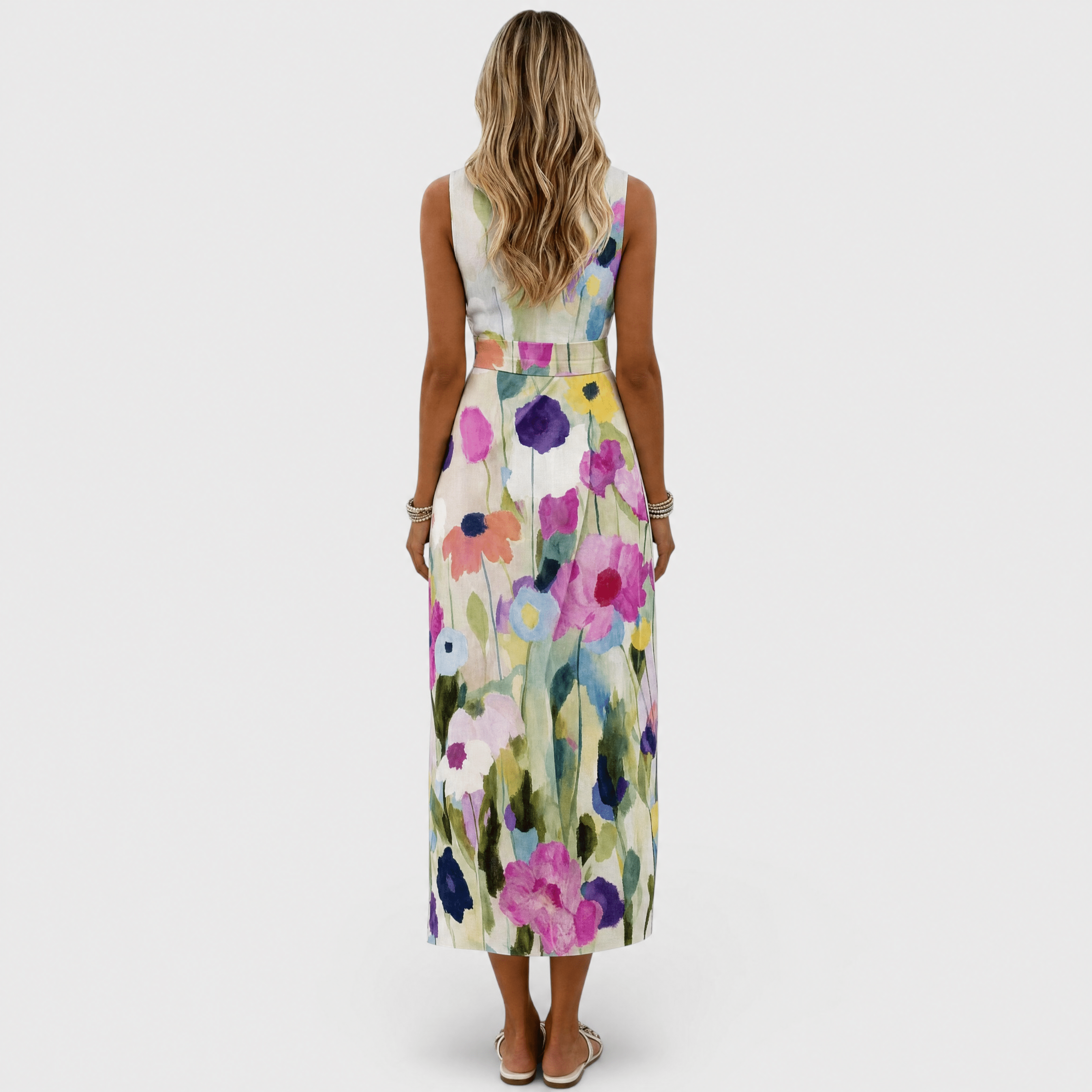 Womens Floral Midi Dress with A-Line Silhouette and Waist Belt – Vibrant Watercolor Print for Summer 2