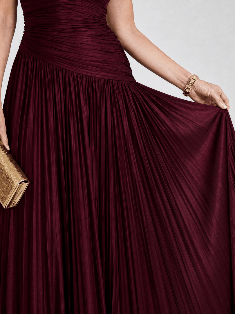 Womens Midi Dress with Pleated V Neck for Weddings and Special Occasions – Lightweight Elegant Design 1